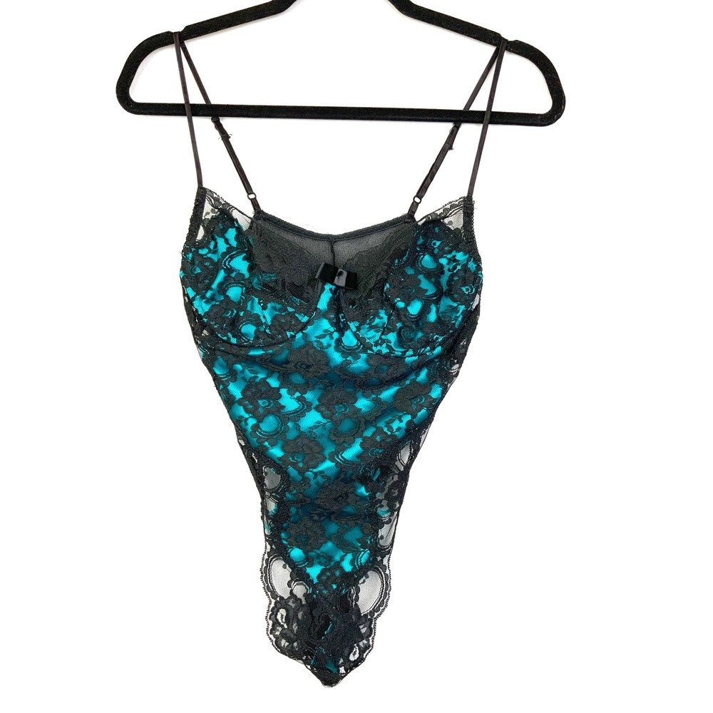 VTG 80s Victoria's Secret Black Lace Teal Satin Teddy Bodysuit + Panties Crown L